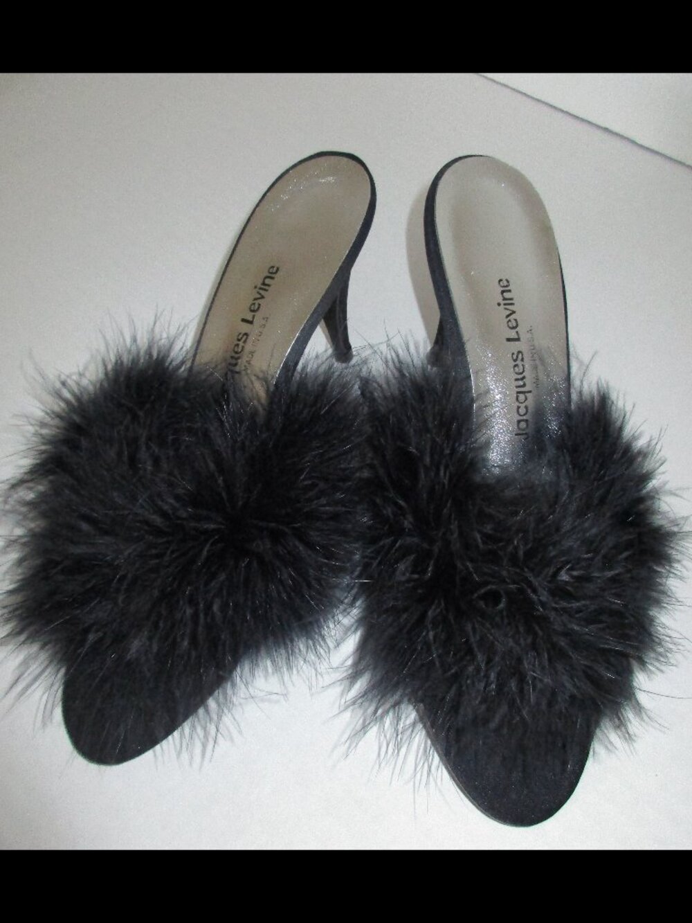 Vtg Jacques Levine Black Satin Peep Toe Marabou Feather Mules Boudoir Sz 9M USA